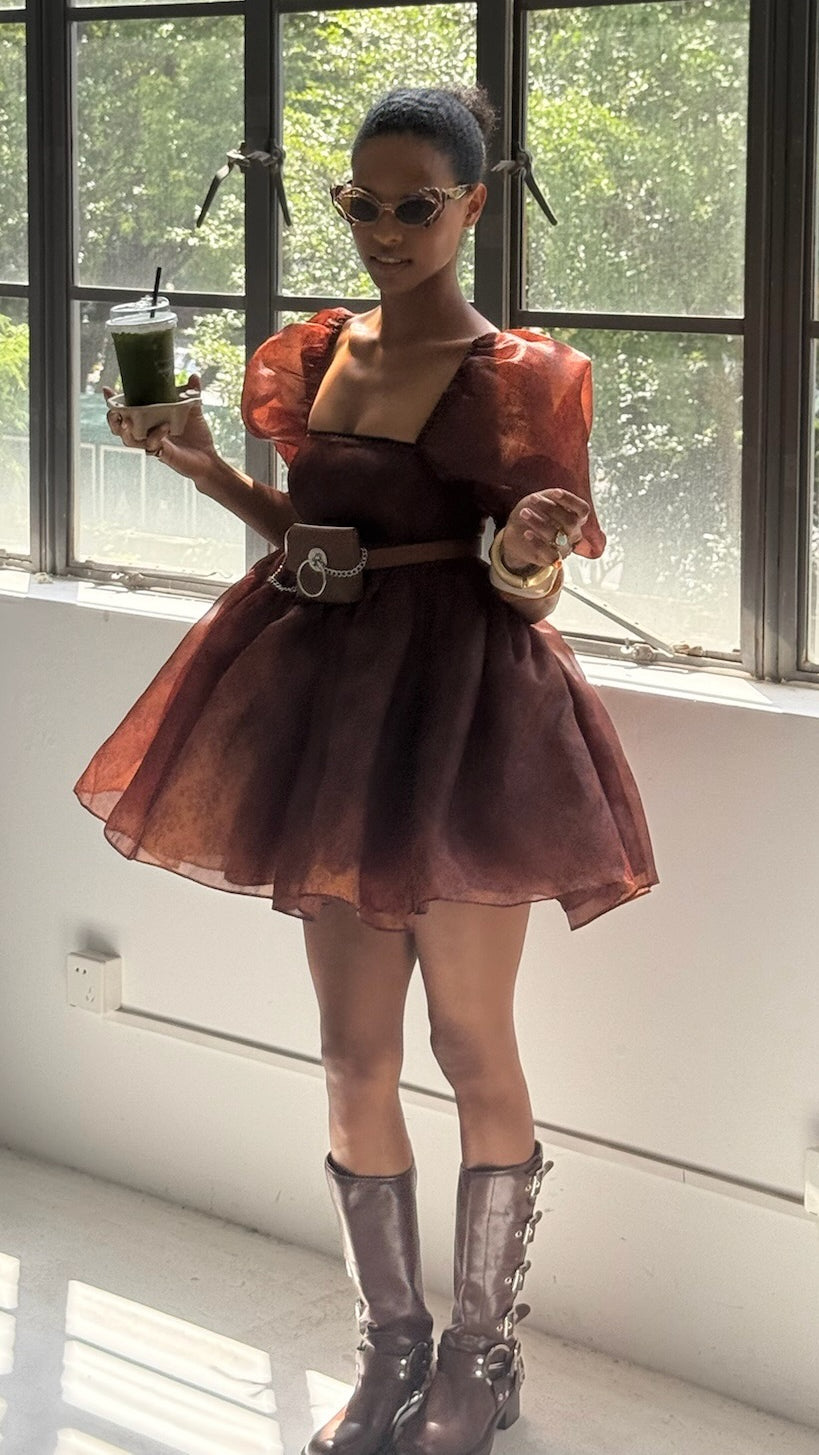 puff dress Floral Sleeve Mini Dress, Black Small Slips on over head Square neck Short sleeves Partially lined 100% rayon Hand wash Mint Sky Puff Sleeve Dress